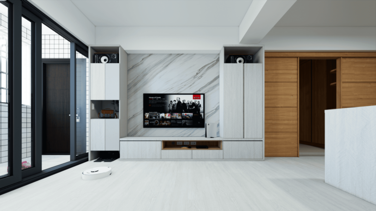 開放式客餐廳收納系統櫃｜系統電視櫃設計｜伊俐傢家居