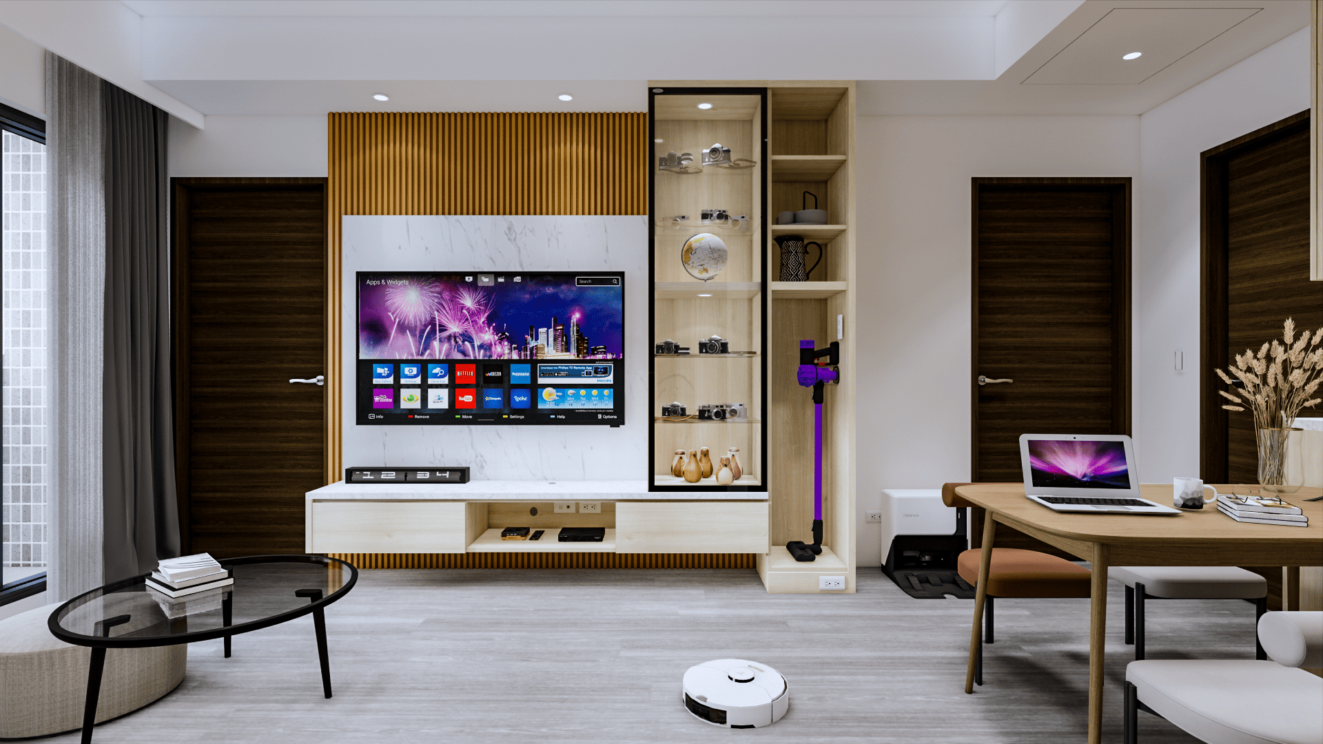 兩房一廳裝潢｜新成屋收納系統櫃設計｜客廳餐廳展示櫃